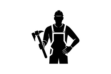 A silhouette of a construction worker holding a hammer, isolated on white background