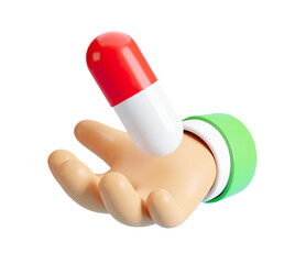 Obraz premium A 3D cartoon-style image of a cute, colorful hand holding a red and white pill on transparent background.