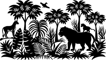 A lion and cub are perched amidst lush tropical foliage, a zebra stands nearby in this black and white illustration