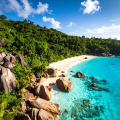 Tropical beach with Seychelles paradise.