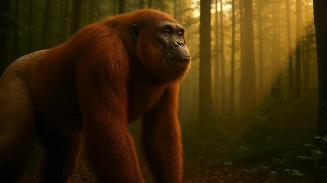 Gigantopithecus giant prehistoric ape standing in forest with golden lighting. Massive ancient primate showcasing enormous size and robust build in natural woodland habitat.