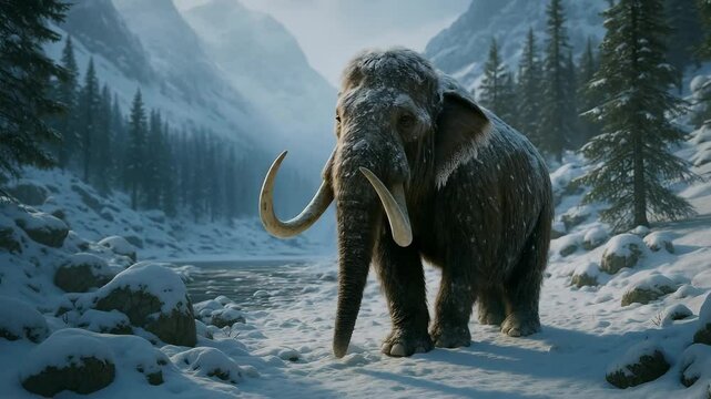 Mammuthus primigenius woolly mammoth walking through snowy mountain valley with curved tusks. Ice age elephant showcasing thick fur and massive build in winter landscape.