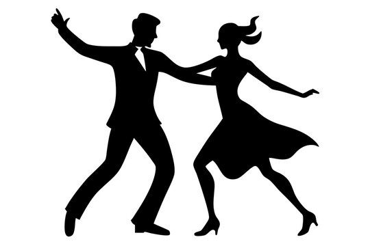 Silhouette of a dancing couple isolated on white background