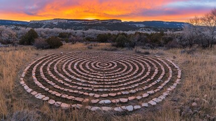 Spiral stone path at sunrise.