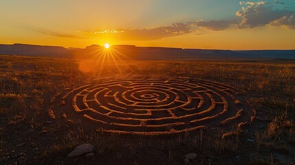 A circular earth maze at sunrise in a vast landscape.