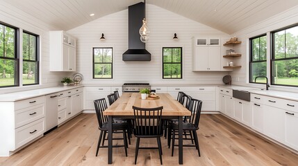 Bright Modern Kitchen Design with Wood Flooring, White Cabinets, Black Accents and Natural Light Inviting Warmth.