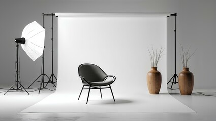 Minimalist photo studio with a plain white backdrop