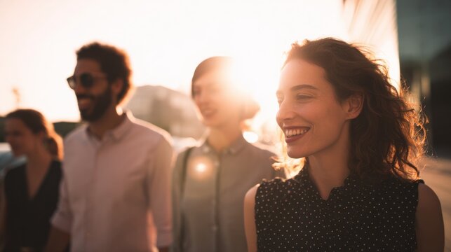 Friendly coworkers walking out of office laughing and chatting at sunset
