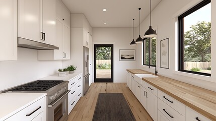 Fototapeta premium Bright Kitchen Interior Design Featuring White Cabinetry, Wooden Countertops, and Natural Light Filtering Through a Window, Creating a Cozy Atmosphere.