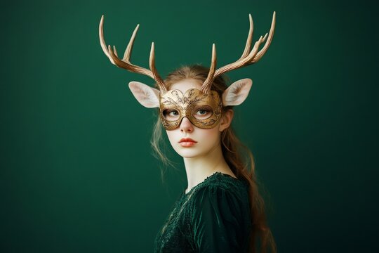 Caucasian model with long wavy hair posing elegantly with a deer mask and antlers against a vibrant green background, evoking mystery and fantasy