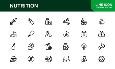 Nutrition Icon Set Featuring Modern, Clean, and Versatile Designs Perfect for Health, Wellness, and Food Projects