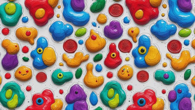 Colorful Abstract Shapes Pattern on White, whimsical cartoon characters and stamps.