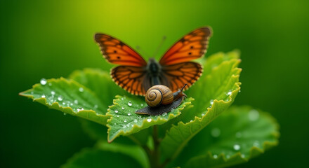 Obraz premium Bright butterfly perched on green leaf with snail in nature 