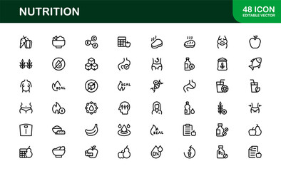 Nutrition Icon Set Featuring Modern, Clean, and Versatile Designs Perfect for Health, Wellness, and Food Projects