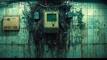 An abandoned control panel covered in wires and grime in a dimly lit, decaying room - Powered by Adobe