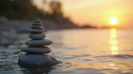 Fototapeta premium Stone pile at sunset symbolizes balance and tranquility. 