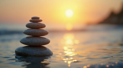 Fototapeta premium Stone pile at sunset symbolizes balance and tranquility. 