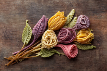 Colorful Pasta Arranged as a Flower Bouquet on Rustic Wooden Background