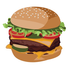 Isolated classic cheeseburger with beef, cheese, lettuce, tomato, and onion on a sesame bun