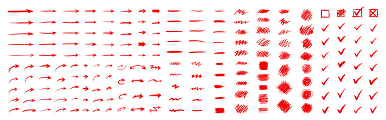 Hand drawn doodle design elements. Arrow, check mark, underline.