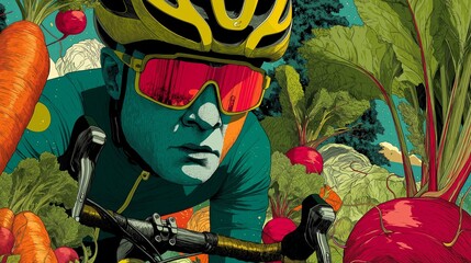 Illustration of a cyclist surrounded by vegetables. This image was created using AI generative technology.