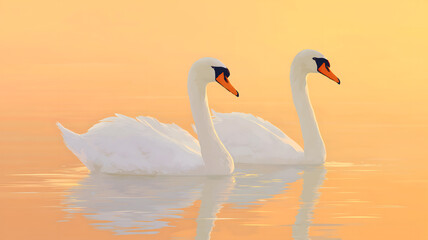Obraz premium At sunset, a pair of swans 
