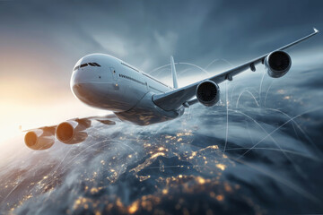 Fototapeta premium Cargo plane gliding across the globe with network connections em
