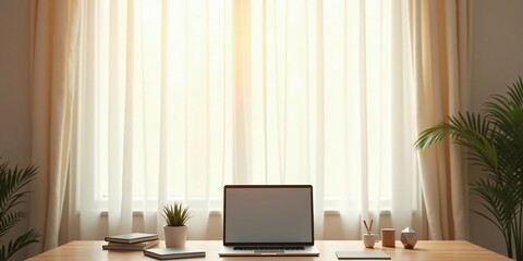 A home workspace set against a large window with light curtains, a laptop, and minimal decor