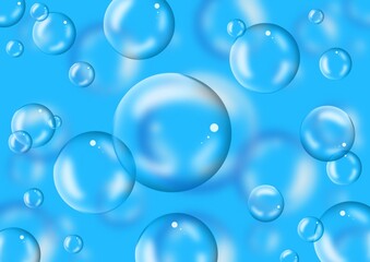 transparent water bubbles floating on bright blue background fresh clean abstract illustration 