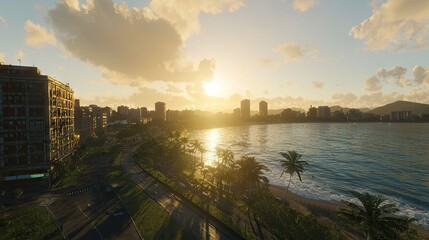 Coastal city skyline at sunset, seen from above.