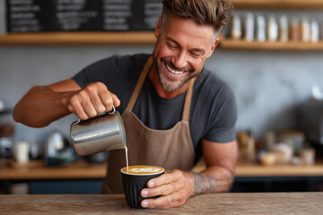 Barista pouring milk into coffee cup, creating intricate latte art in a warm and inviting cafe. Brightly lit space with wooden decor and blurred menu board in background
