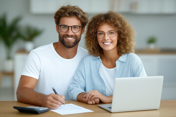Obraz premium Couple engaging in budget planning activity at kitchen table with laptop and paperwork. Bright interior setting fosters a collaborative environment