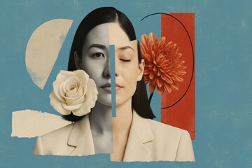 Artistic collage blending human portrait with floral and geometric shapes