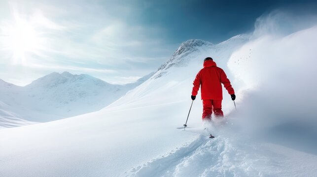 A skier in a vibrant outfit gracefully navigates the pristine snow-covered mountain range, celebrating the thrills and beauty of winter sports under a bright blue sky.
