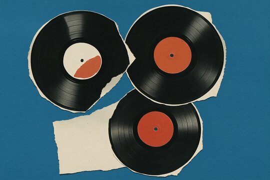 Torn vinyl records and paper scraps form a vintage collage, evoking nostalgic memories of music and past eras