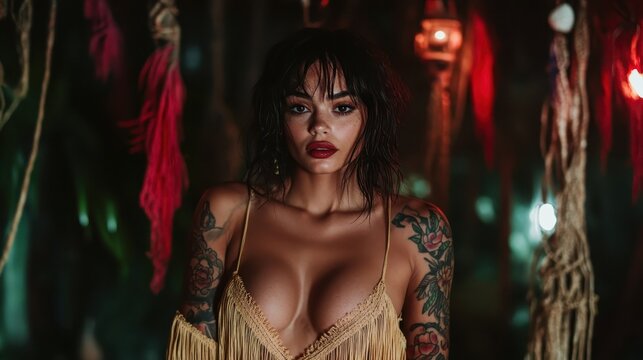 A bold woman poses fiercely in a captivating environment surrounded by colorful decor, showcasing confidence, strength, and artistic flair in a striking photographic style.