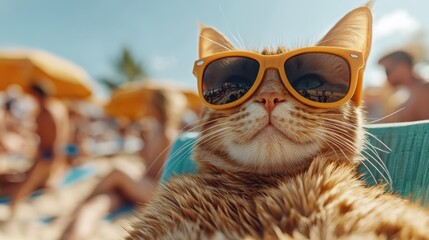A charming cat wearing sunglasses lounging on a deck chair at the beach, capturing the fun, playful spirit of summer and the carefree attitude of our feline friends.
