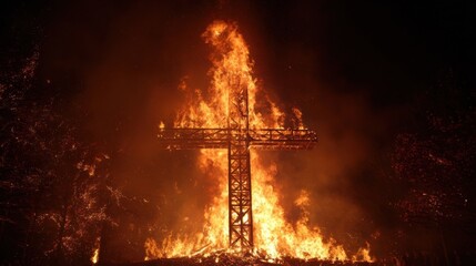 The cross stands tall and proud, its wooden structure engulfed in vibrant flames that seem to reach towards the heavens, a sight that evokes a sense of reverence and awe.