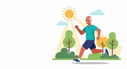Fototapeta premium Senior man smiling while jogging in park under sunny sky