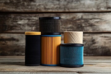 A set of car air filters and Liguidar filters on a wooden table.