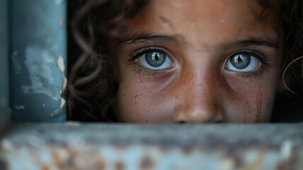 A captivating close-up reveals a child's striking blue eyes peering through a grate, conveying innocence and curiosity in a moment of vulnerability and exploration.