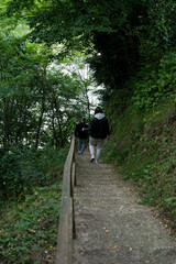 A girl walks down the steps in a forest in the mountains