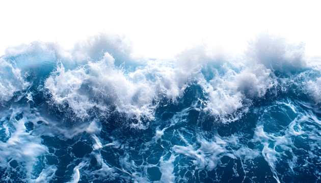 powerful ocean blue waves with white foam isolated on a white background banner format