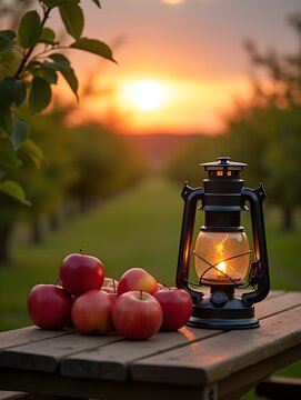 Apples and Lantern on Picnic Table in Orchard at Sunset