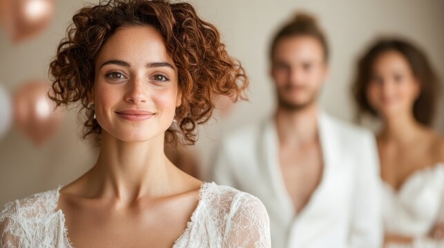 A joyful woman with curly hair radiates happiness during a celebration, capturing the essence of connection and joy among friends in a festive and warm atmosphere.