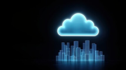 Obraz premium Futuristic Cloud Computing Concept with Neon Light Over Digital Cityscape in a Dark Background