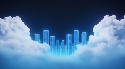 Fototapeta premium Futuristic Cityscape Emerging from Clouds with Neon Lights and Digital Aesthetic in a Dramatic Sky Background