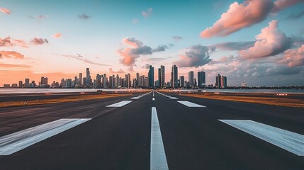 Runway leading to a city skyline at sunset.