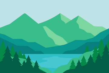 Fototapeta premium Mountain landscape vector illustration with misty forest and snow-capped peaks