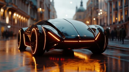 A stunning futuristic car with an innovative design and glowing accents emerges on a rainy city street, embodying cutting-edge technology and the thrill of advanced automotive engineering.